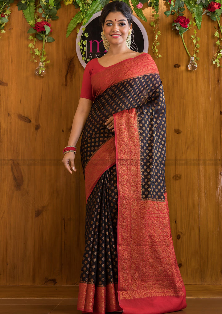 Charismatic Black Red Semi Georgette Banarasi Saree