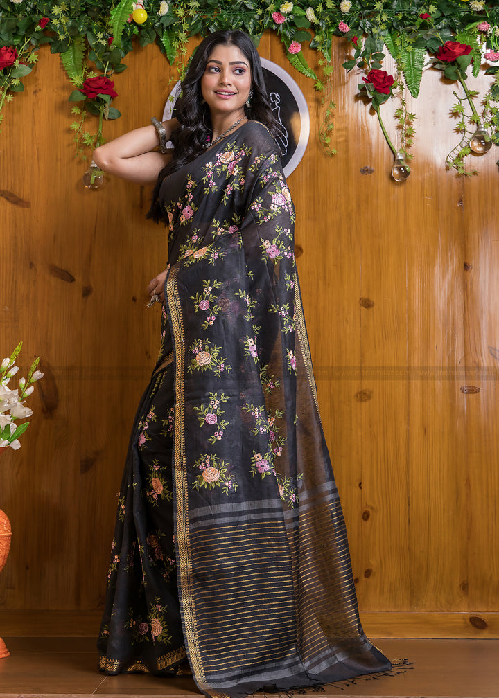 Black Resham Handwoven Silk Linen Saree