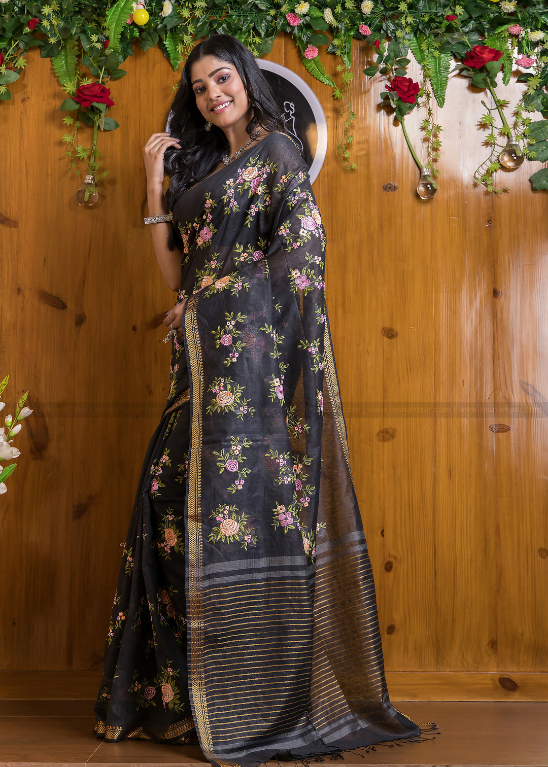 Black Resham Handwoven Silk Linen Saree