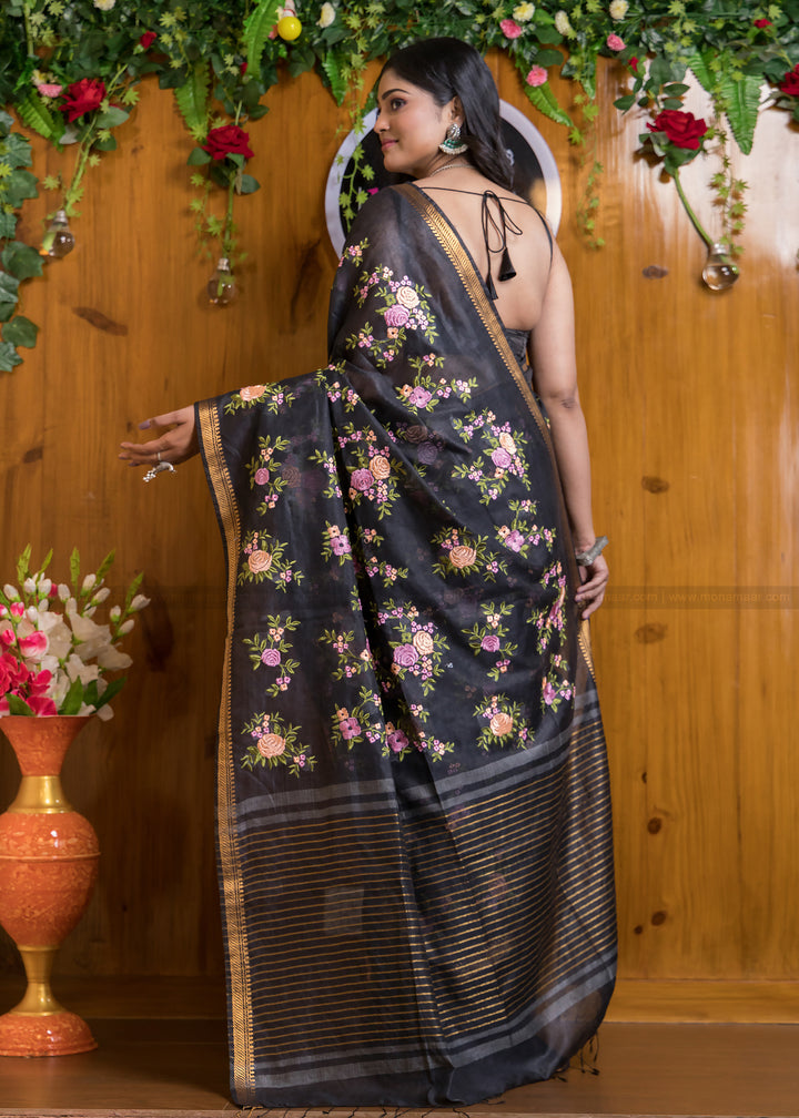 Black Resham Handwoven Silk Linen Saree