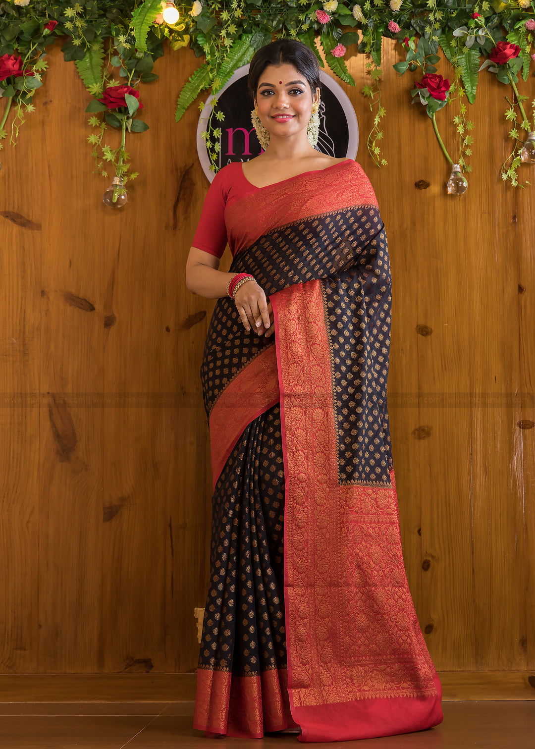 Charismatic Black Red Semi Georgette Banarasi Saree