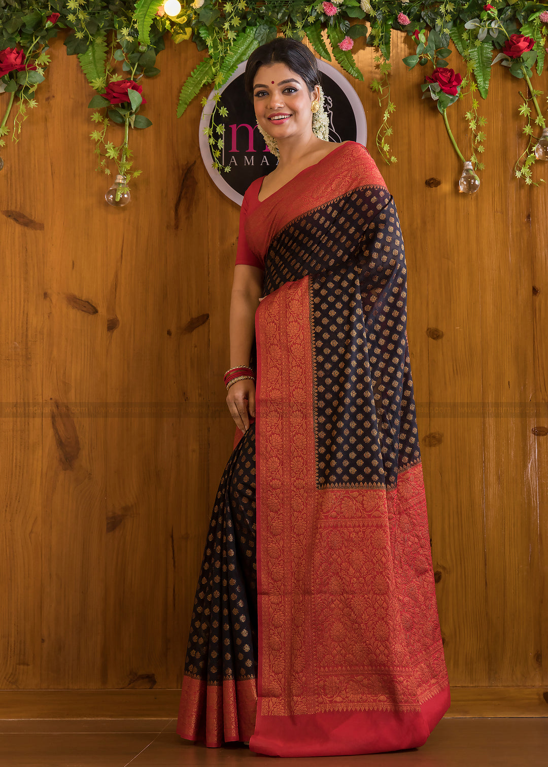 Charismatic Black Red Semi Georgette Banarasi Saree