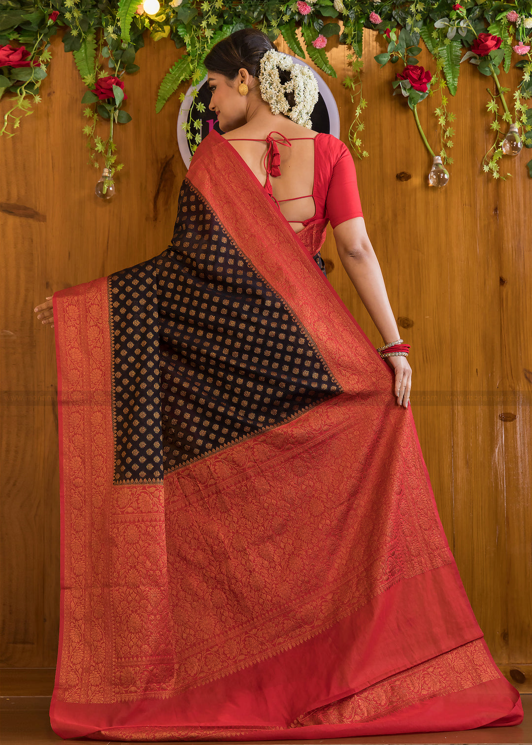 Charismatic Black Red Semi Georgette Banarasi Saree