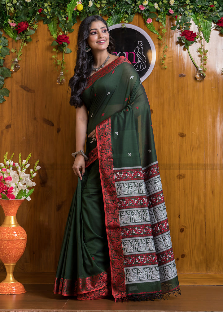 Worthy Cotton Jamdani (Cosmic Green)Saree