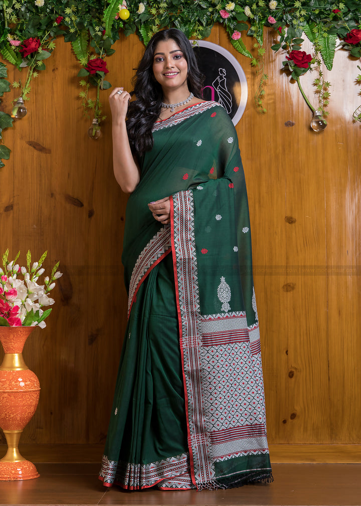 Worthy Cotton Jamdani (Antique Green) Saree