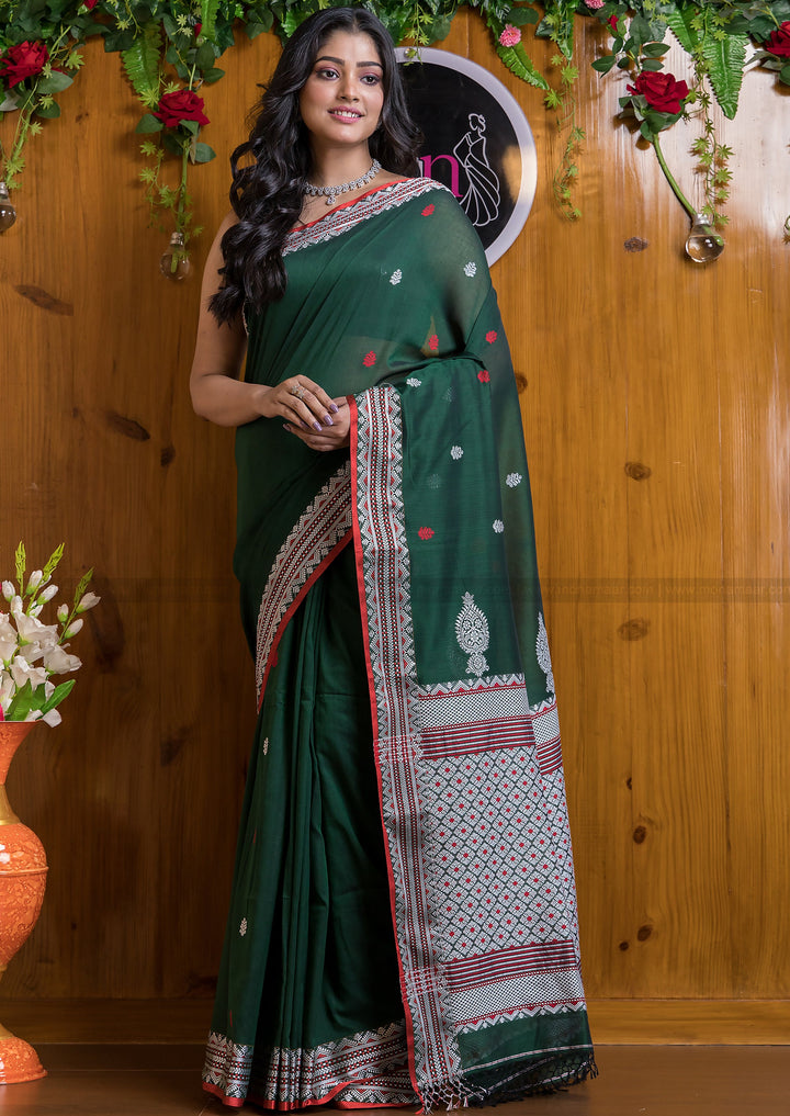 Worthy Cotton Jamdani (Antique Green) Saree