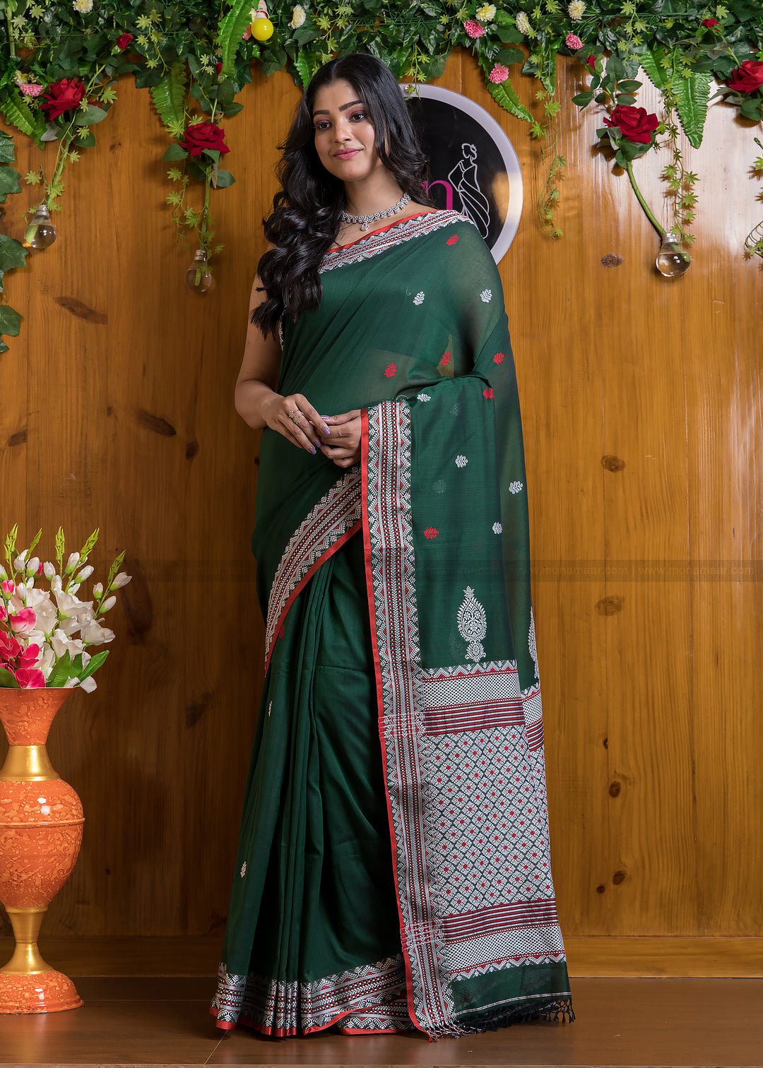 Worthy Cotton Jamdani (Antique Green) Saree