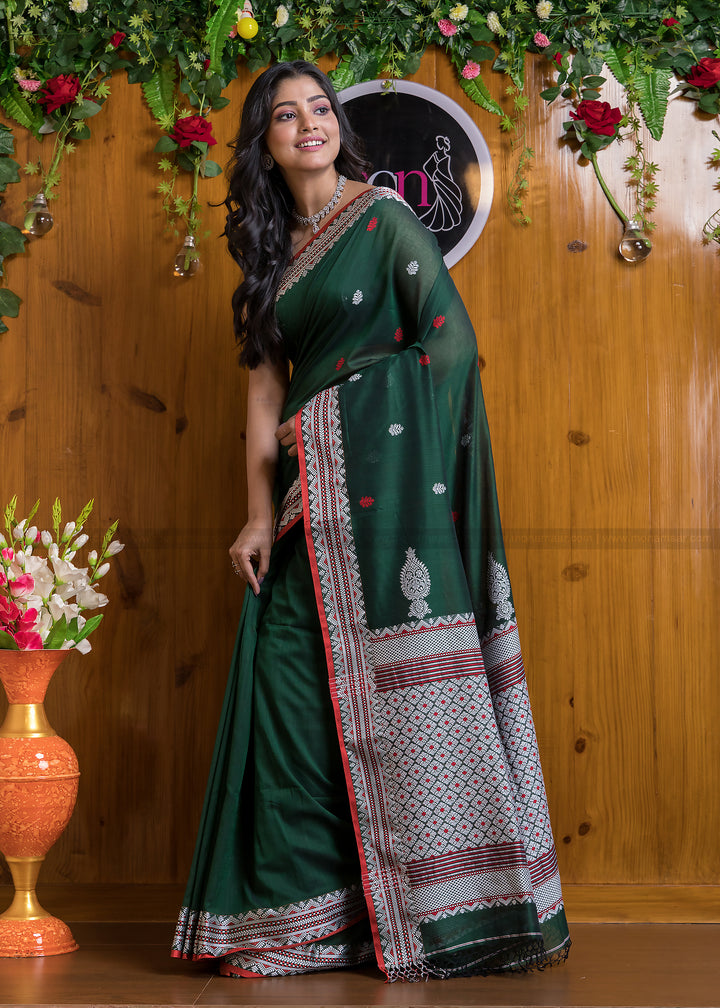 Worthy Cotton Jamdani (Antique Green) Saree