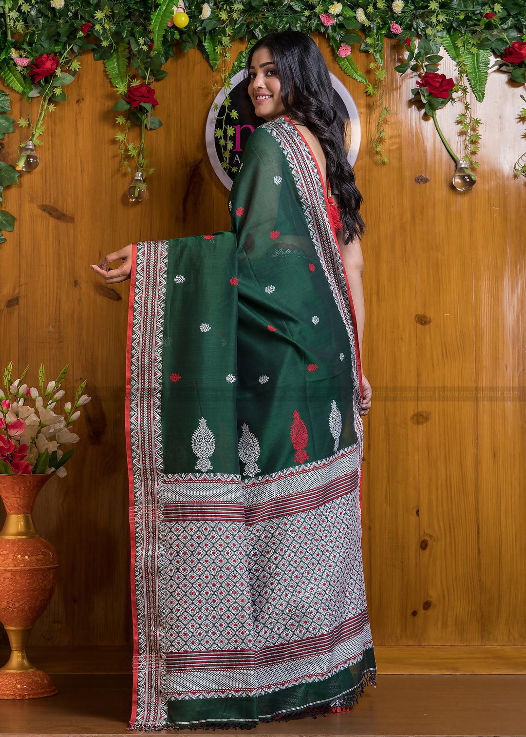 Worthy Cotton Jamdani (Antique Green) Saree