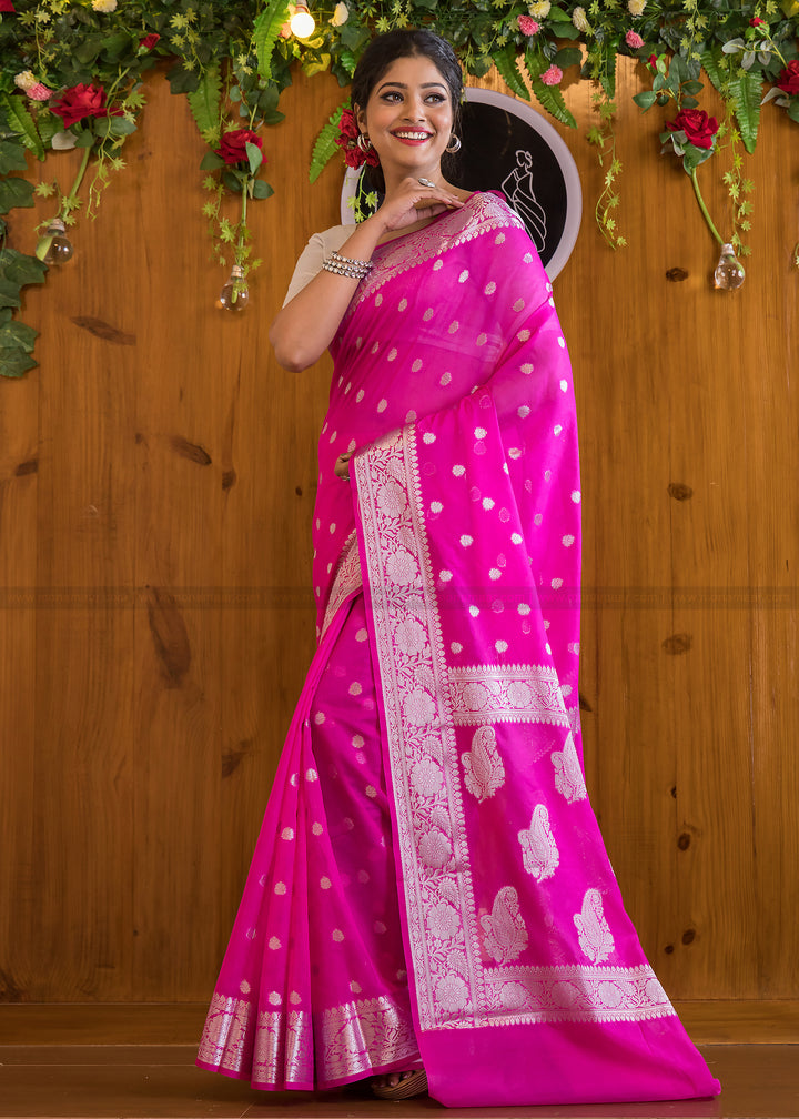 Vibrant Hot Pink Banarasi Saree