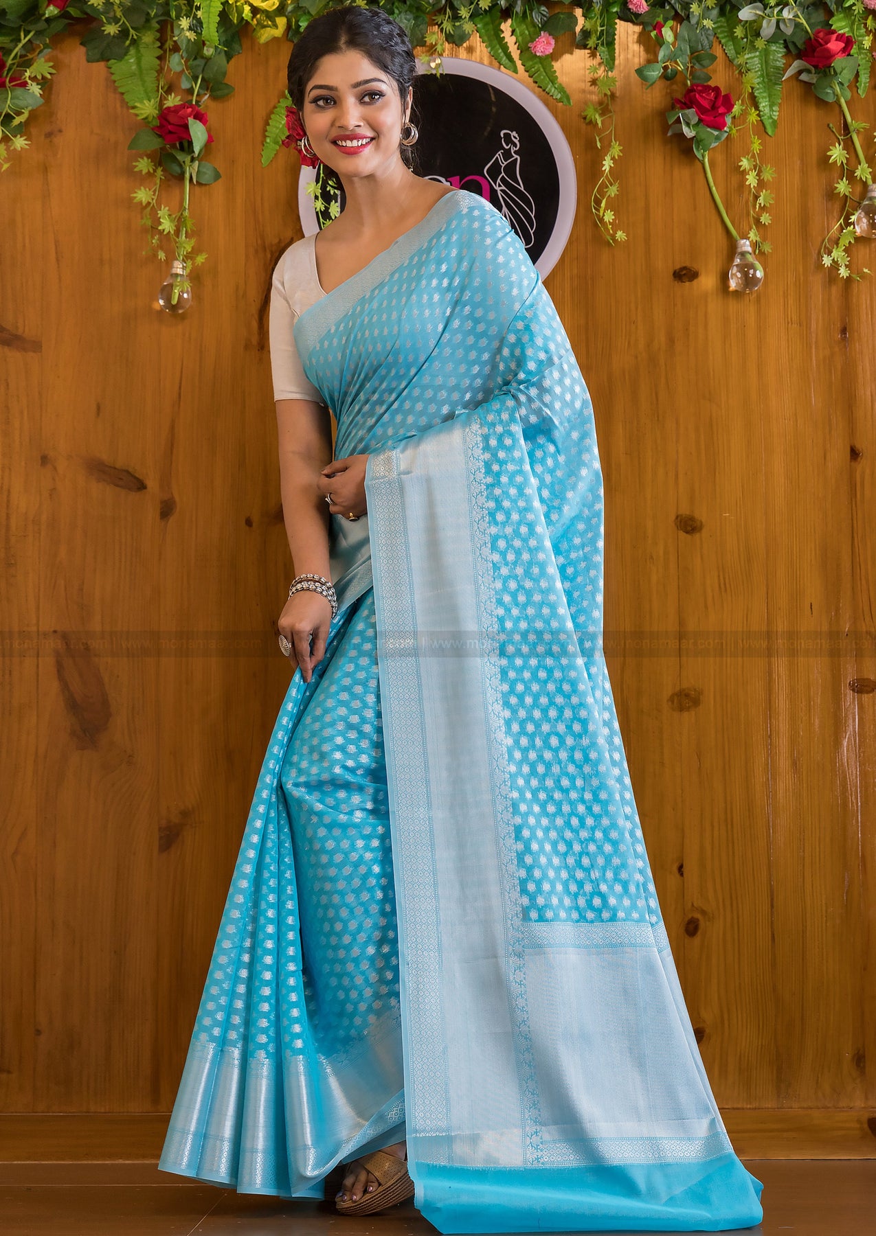 Banarasee Cotton Silk Saree With Silver Zari Buta & Border-Blue