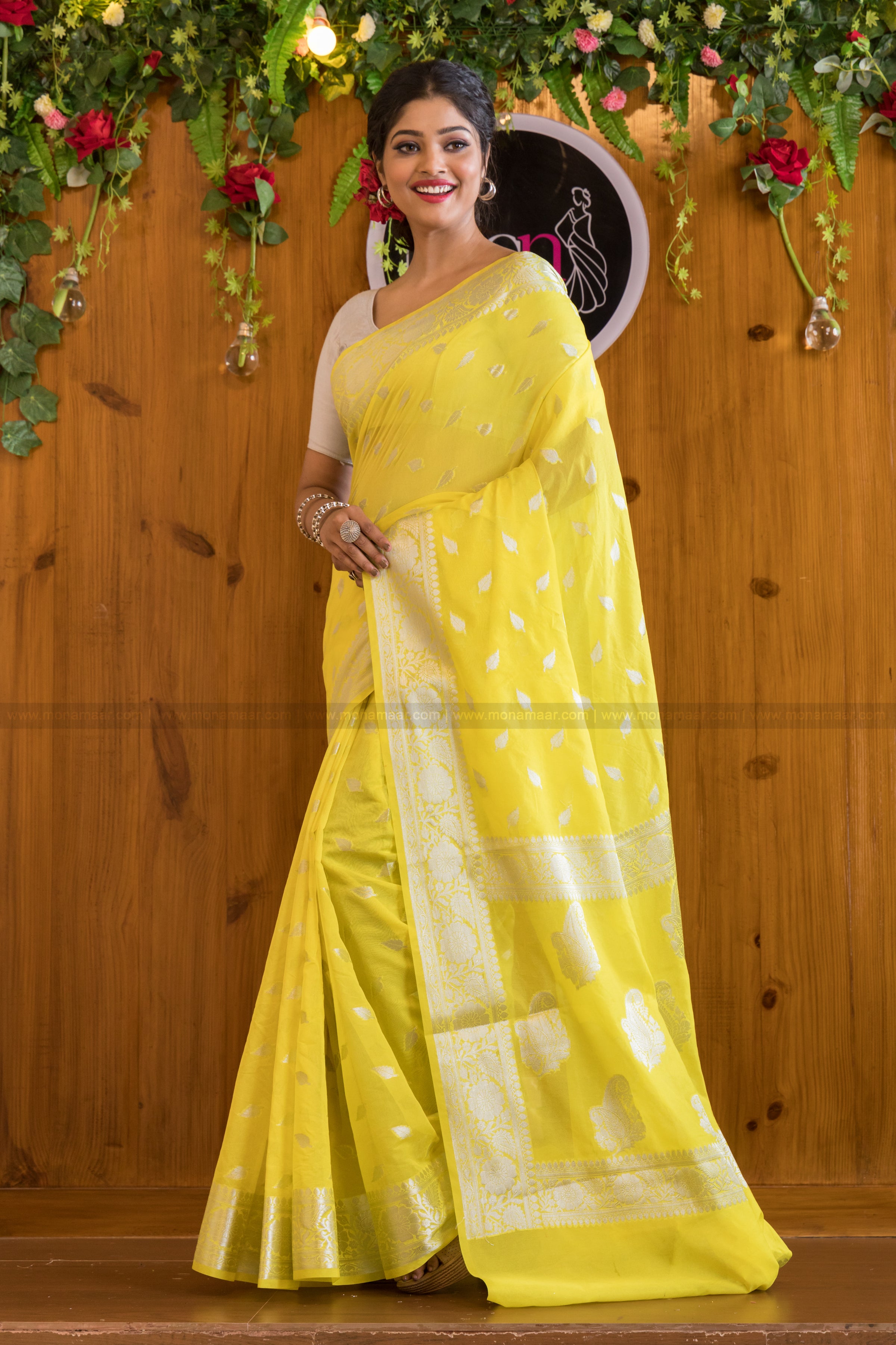 Buy Yellow Bandhani Satin Saree - Koskii