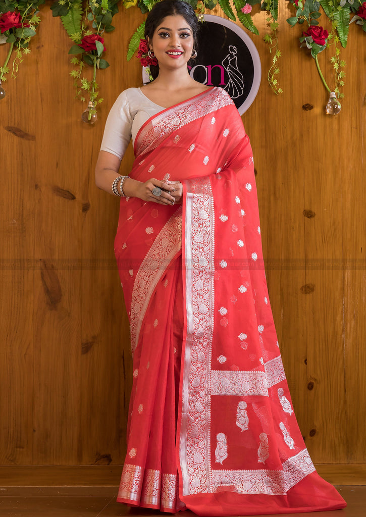 Gorgeous Vermilion Banarasi Saree