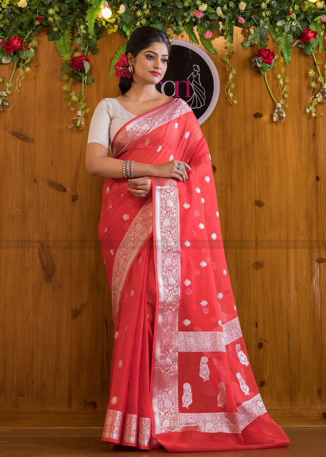 Gorgeous Vermilion Banarasi Saree