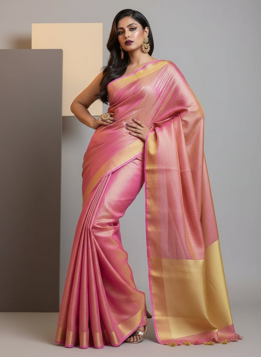 Pink - Pure Handwoven Tissue Linen Saree