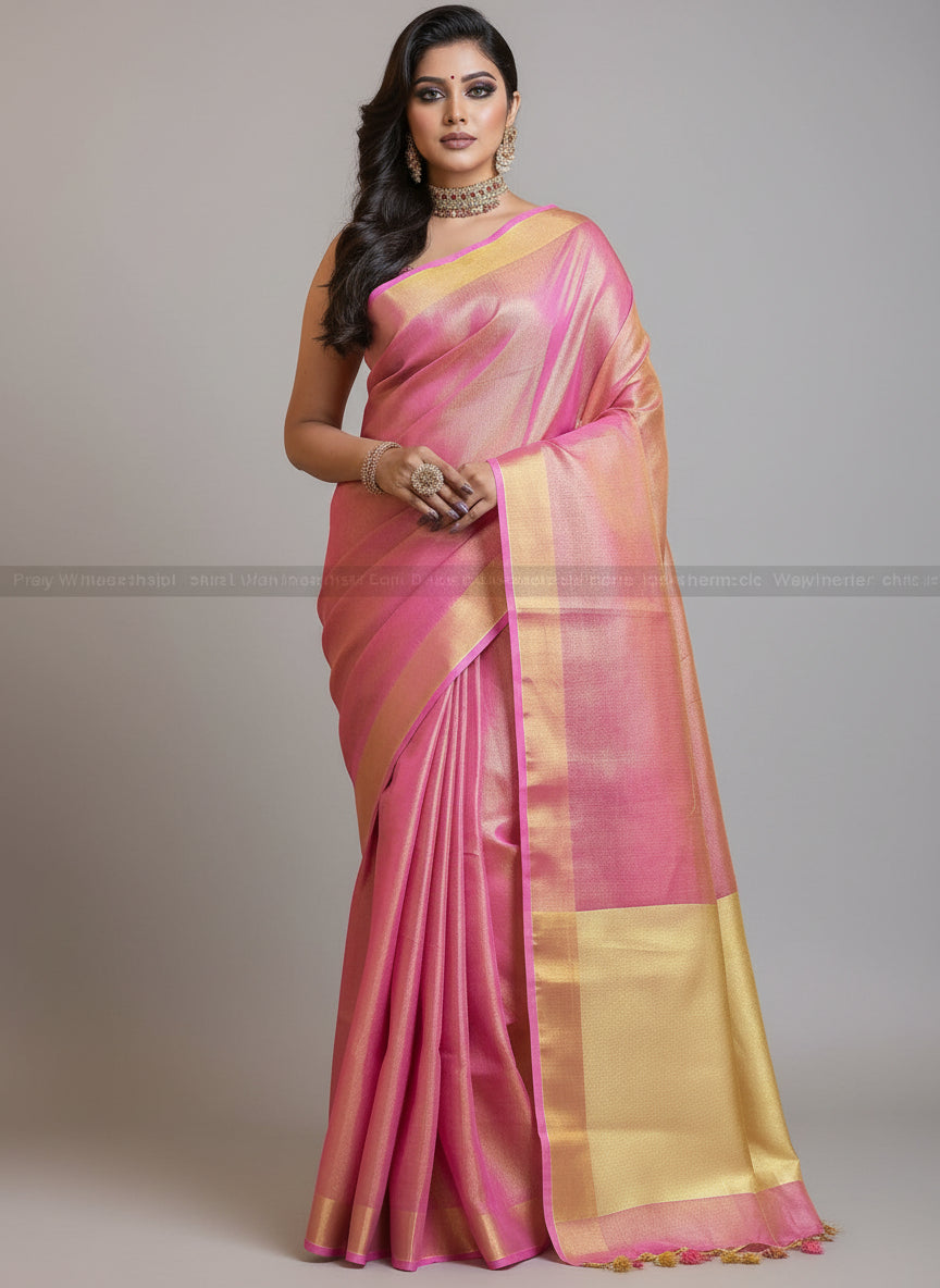 Pink - Pure Handwoven Tissue Linen Saree