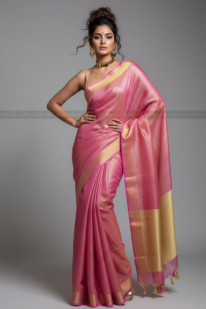 Pink - Pure Handwoven Tissue Linen Saree
