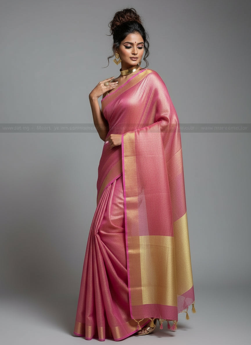 Pink - Pure Handwoven Tissue Linen Saree