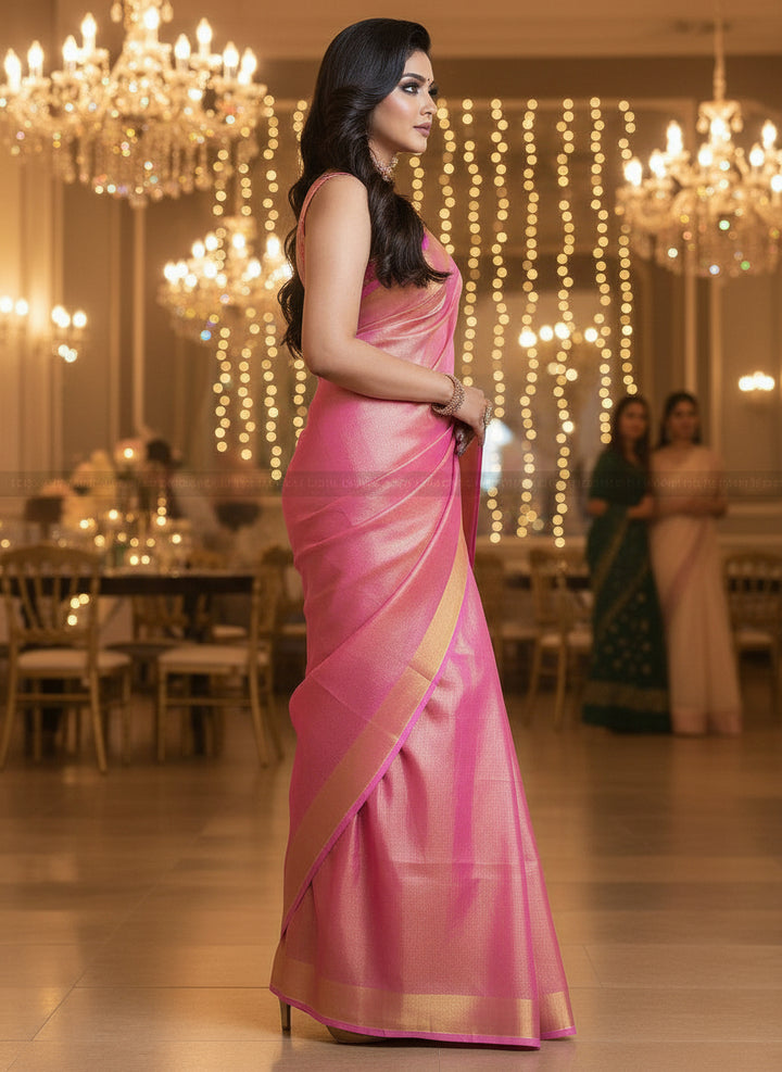 Pink - Pure Handwoven Tissue Linen Saree