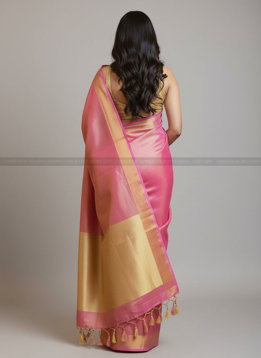 Pink - Pure Handwoven Tissue Linen Saree
