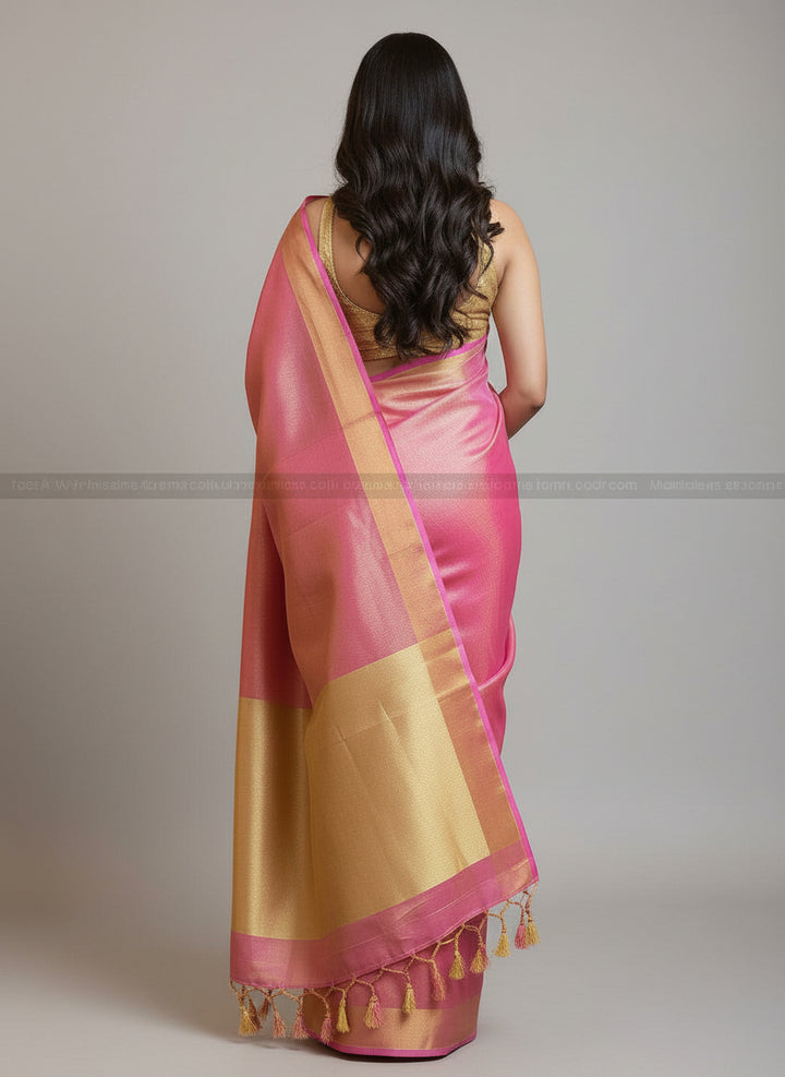 Pink - Pure Handwoven Tissue Linen Saree