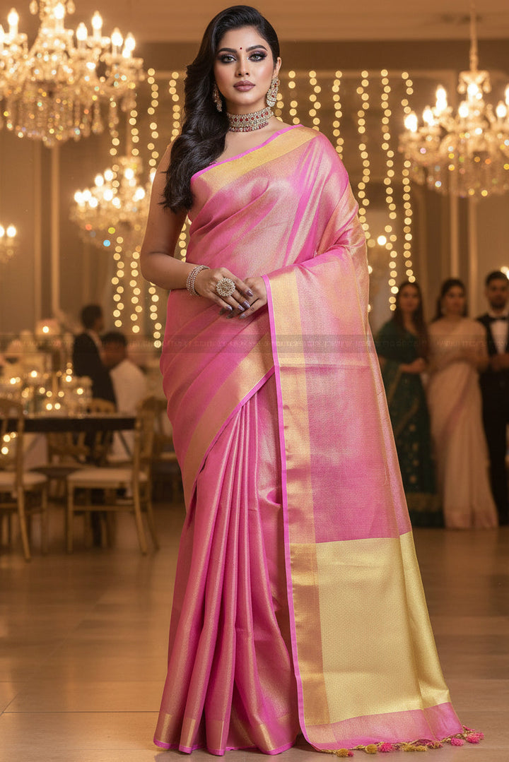 Pink - Pure Handwoven Tissue Linen Saree