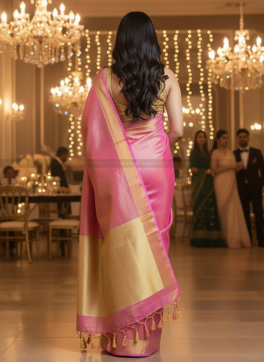 Pink - Pure Handwoven Tissue Linen Saree