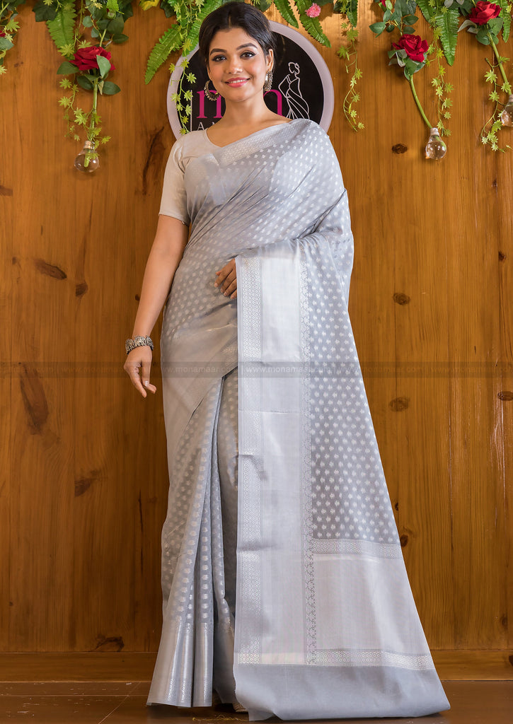 Butidar - The Silver Buti Banarasi Cotton Silk Saree