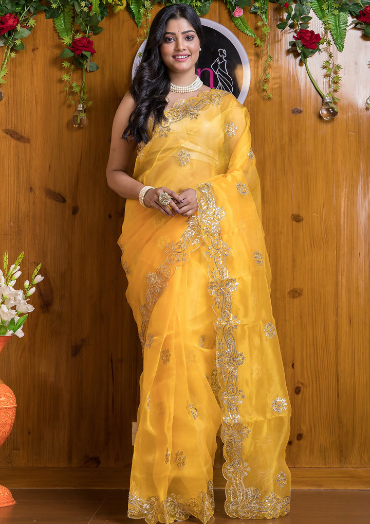 Vibrant Sunshine Yellow Organza Saree