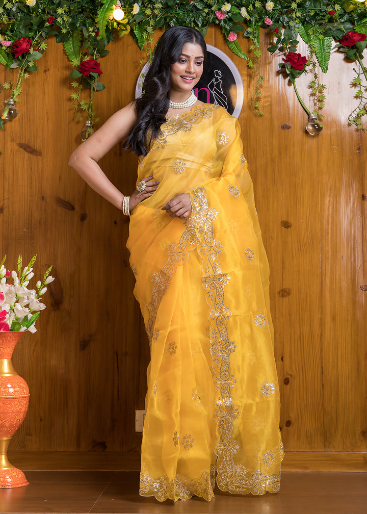 Vibrant Sunshine Yellow Organza Saree