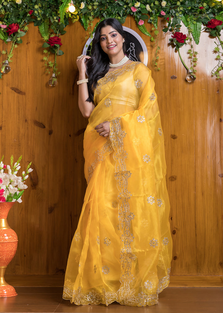 Vibrant Sunshine Yellow Organza Saree