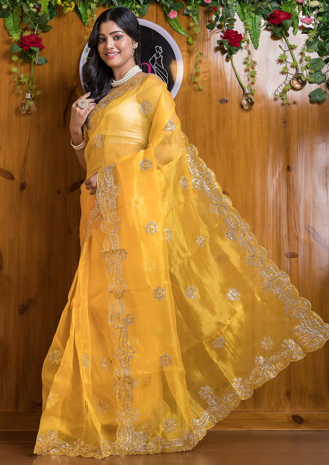 Vibrant Sunshine Yellow Organza Saree