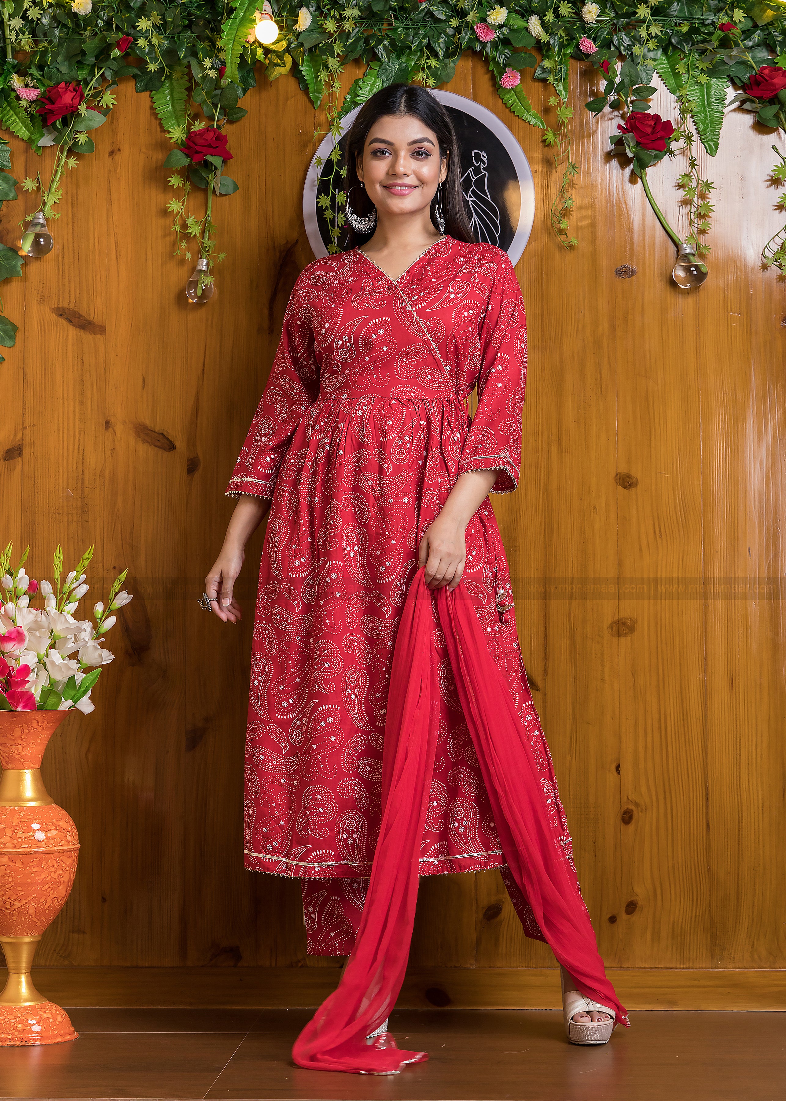 Womens Anarkali Jaipuri Cotton Floral Print Long Kurti with Jacket -  Miravan - 3760562