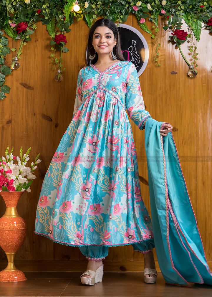 Up To The Minute Alia Cut Kurti Set(Slight Blue)