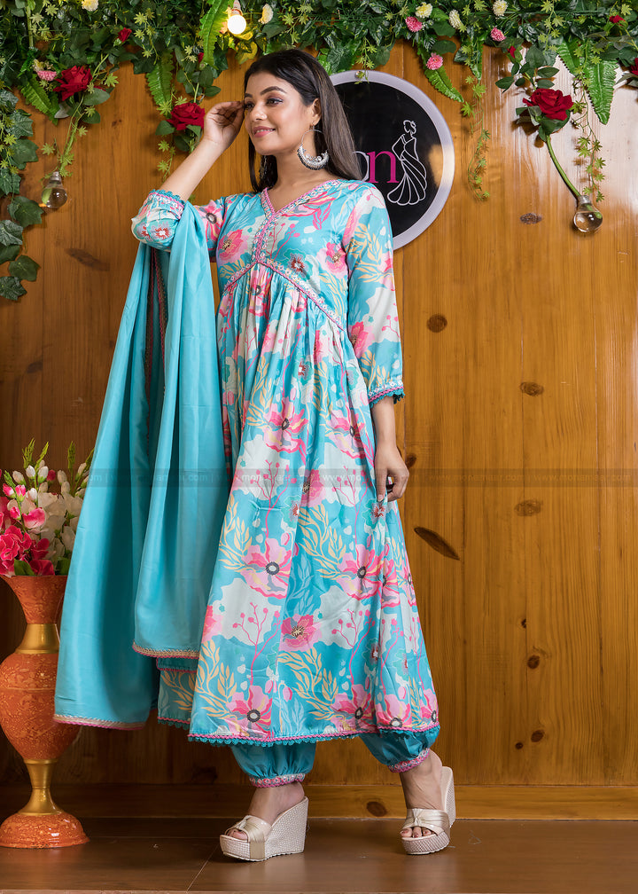 Up To The Minute Alia Cut Kurti Set(Slight Blue)