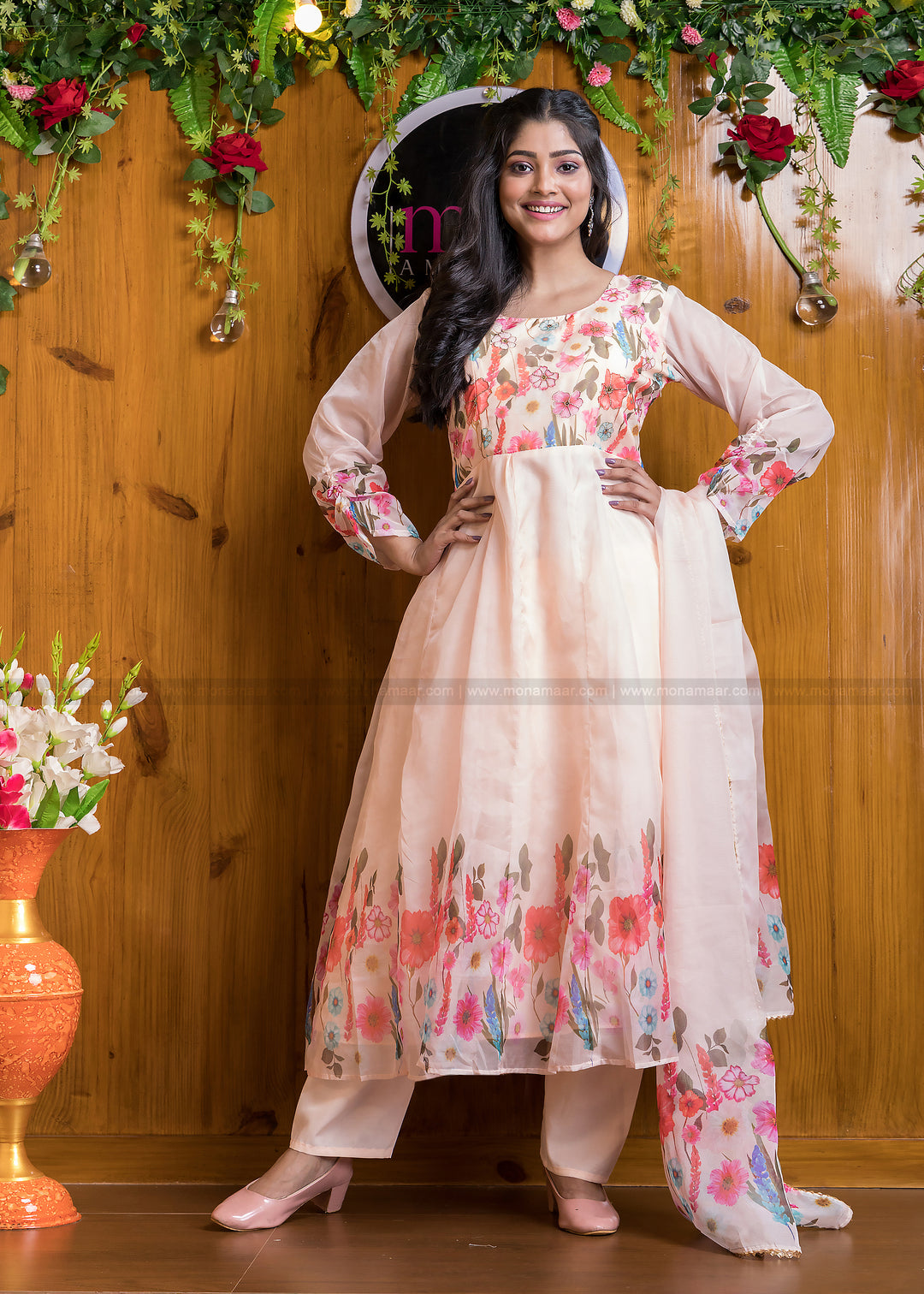 Out Of The Organza Anarkali Suit Set (Rich Peach)