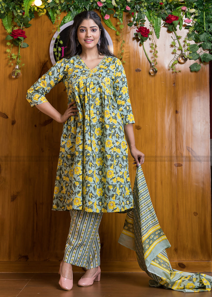 Ethnic Crush - The Jaipuri Kurti Set (Emerging Green And Yellow )