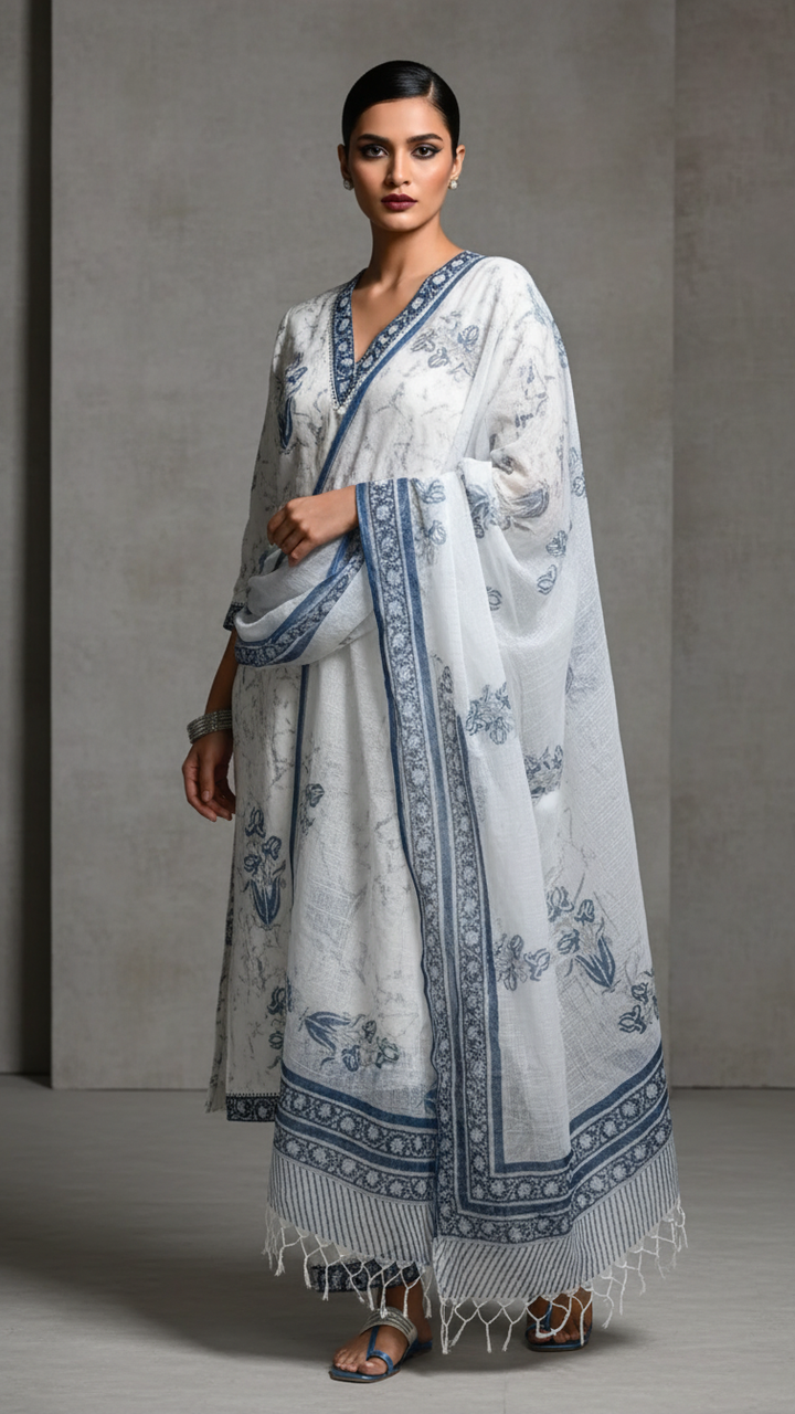 Smoky white Jaipuri Kurti Set