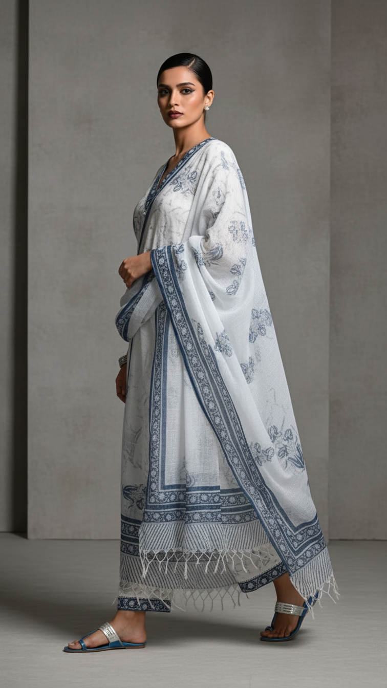 Smoky white Jaipuri Kurti Set