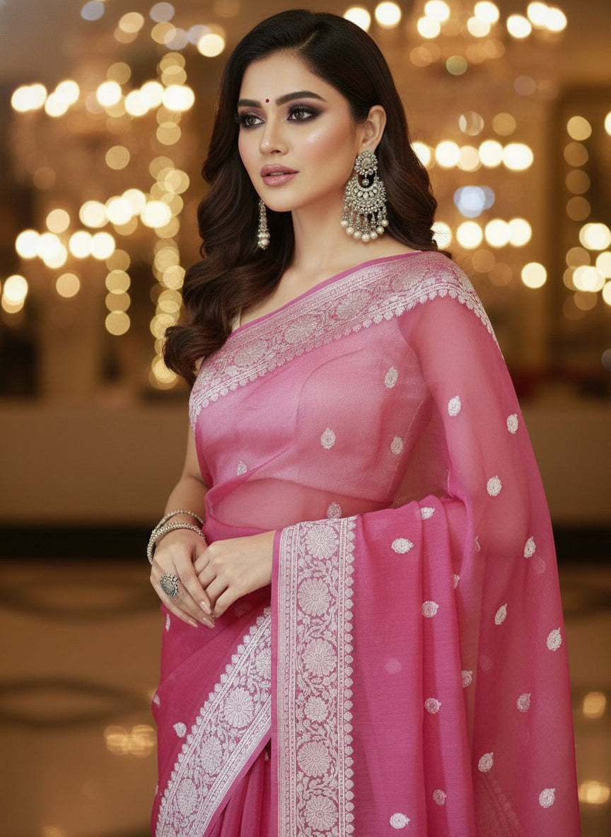 Khaddi Chiffon Handloom Banarasi(Sweet Pink)