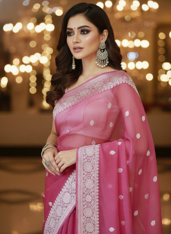 Khaddi Chiffon Handloom Banarasi(Sweet Pink)