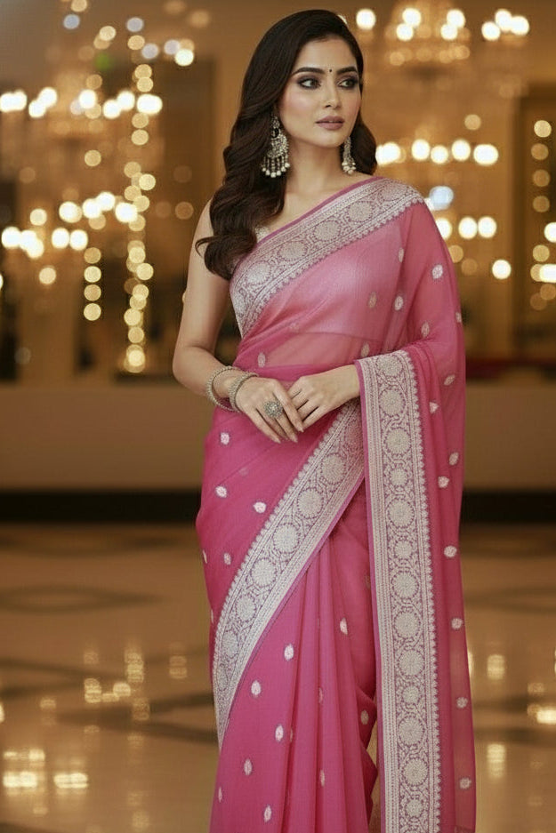 Khaddi Chiffon Handloom Banarasi(Sweet Pink)