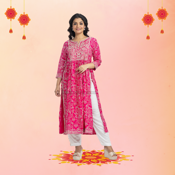 Pink Naira Cut Kurti Pant Set