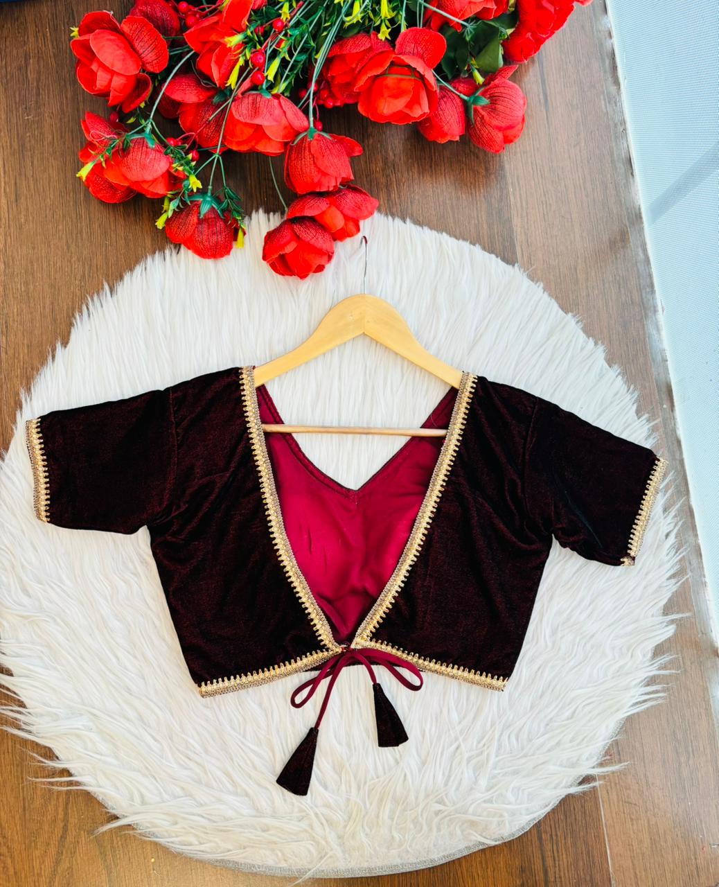 Classic Maroon V-Neck Zari Blouse