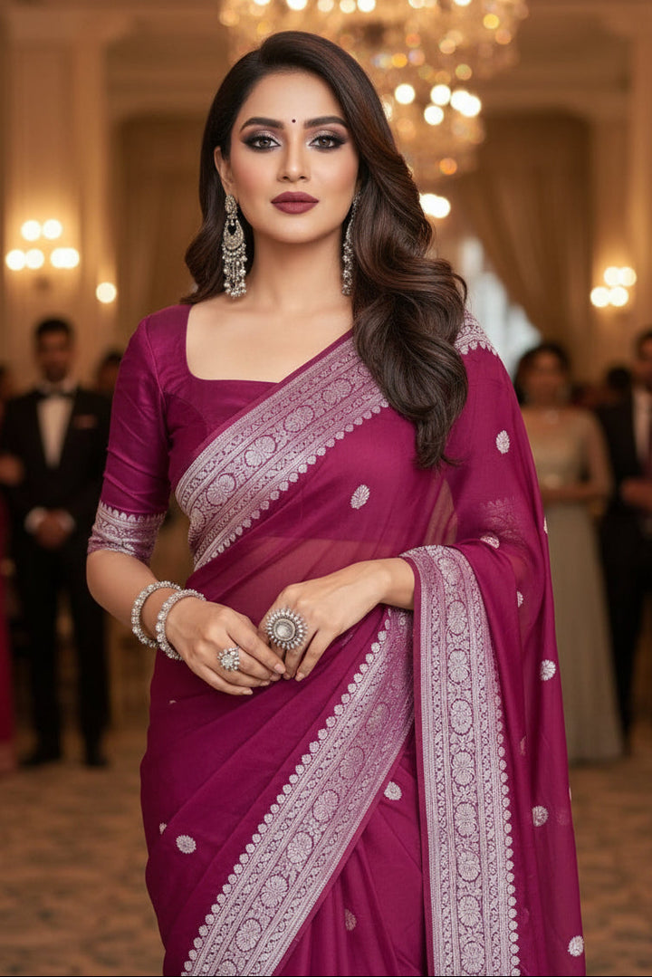 Legacy Of Khaddi Chiffon Handloom Banarasi Saree(Wine)