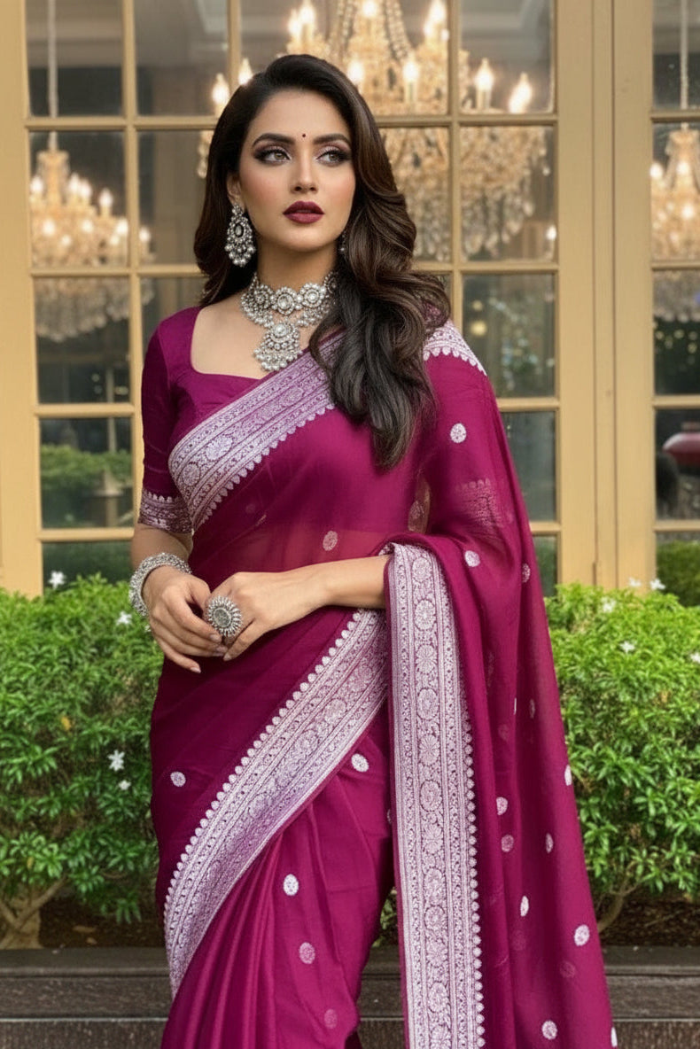 Legacy Of Khaddi Chiffon Handloom Banarasi Saree(Wine)