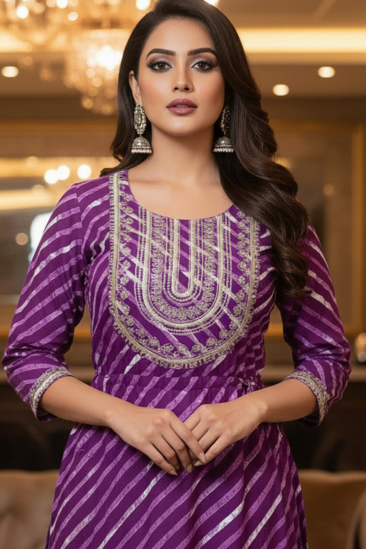 Stylish Purple Naira Cut Sequins Work Kurti Pant Set