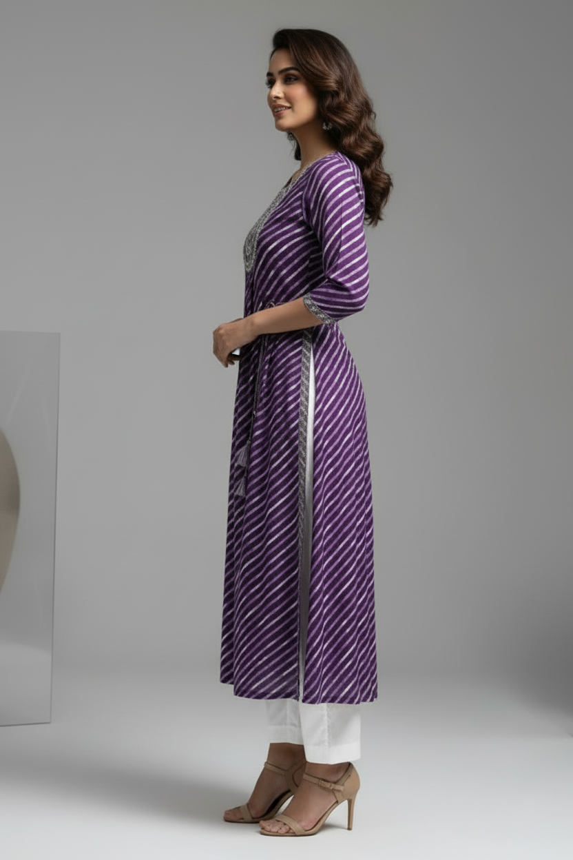 Stylish Purple Naira Cut Sequins Work Kurti Pant Set