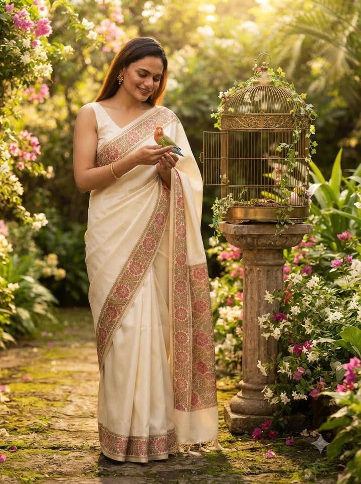 Golden Tapestry Premium Tussar Silk Saree(semi) with Antique Zari Floral Weave