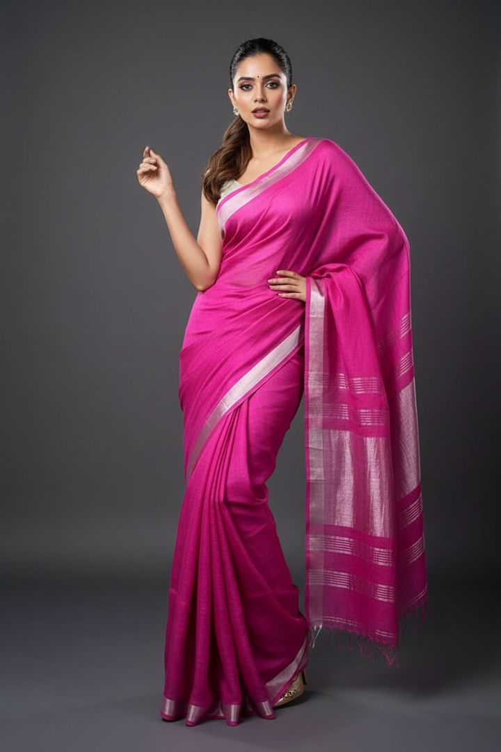 Pink Pure Handwoven Linen Saree